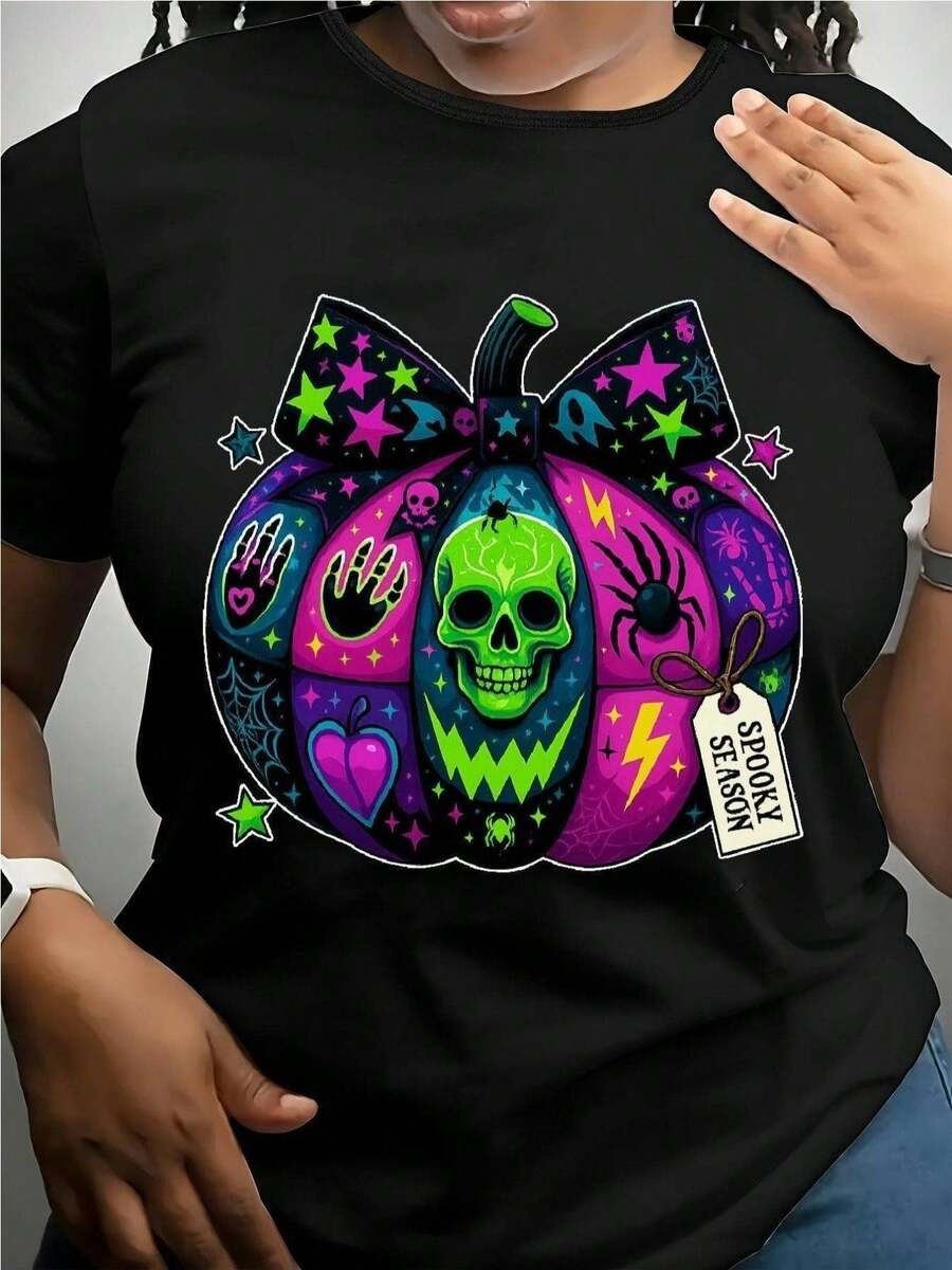 Camiseta de Halloween para mujer y niña con estampado de calaveras y arañas que brillan en la oscuridad - 100% holgada y oversized, estética gótica punk bruja Y2K streetwear con ojos brillantes y diseño de murciélagos - Outfit de fiesta para la temporada de las brujas, disfraz casual de otoño, camiseta gráfica crepuscular y adorable para ropa casual, cuello redondo de manga corta estilo retro con motivos de calaveras y arañas en verde neón y rosa, tejido suave y transpirable para combinar, per
