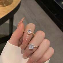 奢华锆石闪亮戒指，简约方形水钻设计，可调节开口戒圈，时尚女士款 - 彩色 - 查看 6