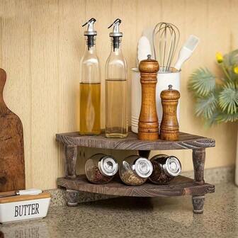 复古木质转角置物架 - 多功能复古展示架，适用于厨房、咖啡吧、农舍装饰、浴室和餐厅，节省空间的小型物品收纳架