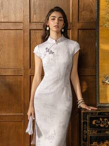 Women's Elegant Mandarin Collar New Chinese Cheongsam: Short Sleeve With Fashionable Side Slit | Perfect Occasions: Formal Events, Grand Galas, Business Banquets, Weddings, High-End Receptions Summer - Dusty Pink - View 6