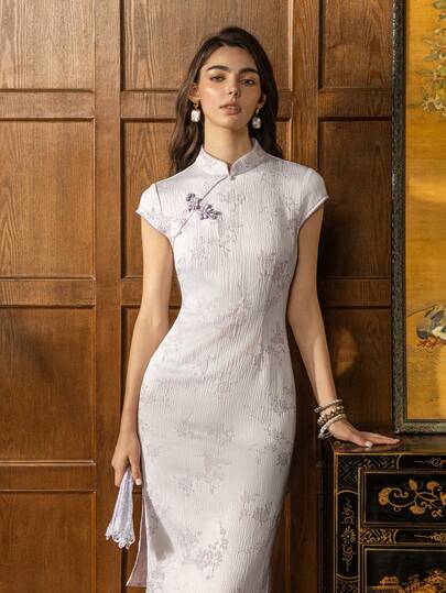 Áo sườn xám Trung Quốc cổ tàu thanh lịch dành cho nữ: Tay ngắn với đường xẻ tà thời trang | Dịp hoàn hảo: Sự kiện trang trọng, dạ hội lớn, tiệc chiêu đãi doanh nghiệp, đám cưới, tiệc chiêu đãi cao cấp mùa hè