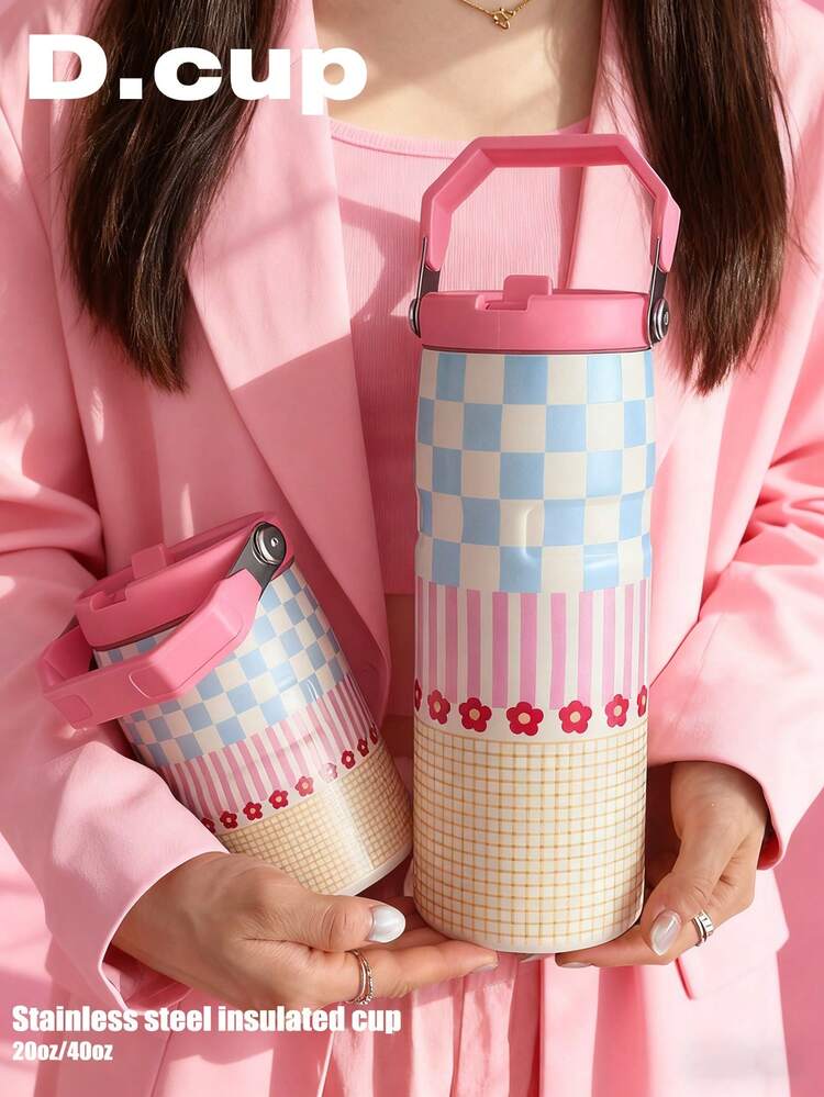 1pc Floral Pattern Double Wall Stainless Steel Insulated Tumbler, Travel Mug, Large Capacity Water Bottle, Coffee Cup, Water Bottle, Suitable For Travel, Home, Gym, Outdoor, School, Office, Birthday Gift, Back To School Gift, Holiday Gift - Multicolor - View 9