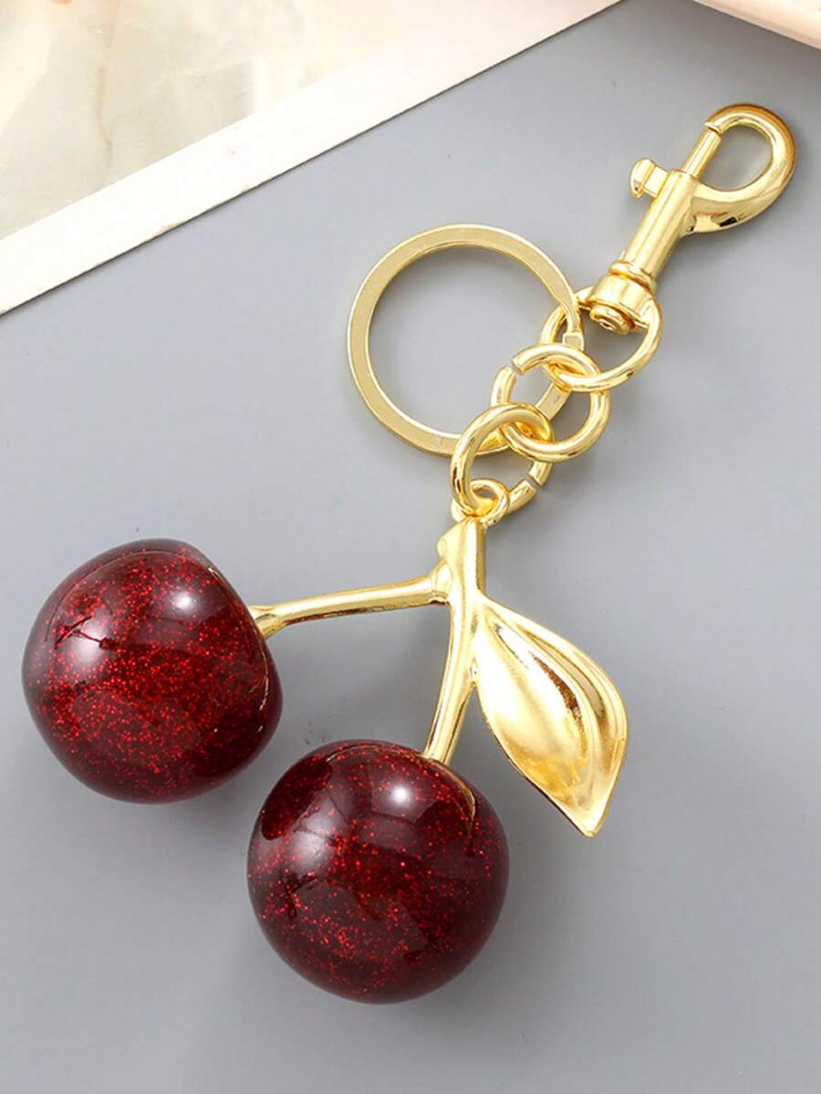 1个樱桃吊坠配饰 女士包包或钥匙扣挂件 毛绒樱桃装饰 个性化包包装饰 - 酒紅色 - 查看 1
