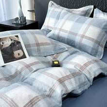 Tan Gingham Grid Duvet Cover Queen 3 Pieces Beige Plaid Duvet Cover 100% Washed Cotton Boho Plaid Comforter Cover With 2 Pillowcases Farmhouse Checkered Gingham Bedding Set Queen,  & Retro Style - 拉絲 - 格子藍 - 查看 5