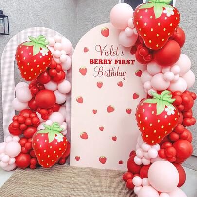 Bộ 94 vòng hoa bóng bay hình dâu tây, bao gồm bóng bay lá kim loại hình dâu tây, bóng bay cao su màu đỏ và hồng, dùng cho tiệc sinh nhật theo chủ đề dâu tây, tiệc chào đón em bé, trang trí tiệc dâu tây, sinh nhật quả mọng dễ thương, tiệc chủ đề trái cây mùa hè, trang trí nhà cửa, tiết lộ em bé, tiệc chủ đề trái cây