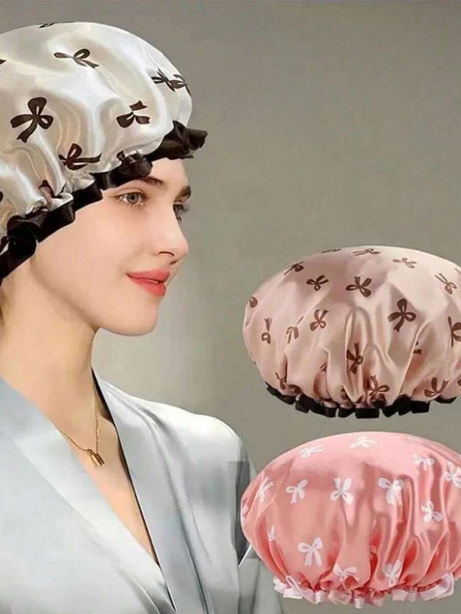 1个防水双层蝴蝶结浴帽，弹性浴帽，成人厨房防油帽，浴室吹干帽，可调节松紧带，适用于洗脸、吹干头发、化妆、烹饪、洗发，可重复使用，带松紧带，圣诞节、母亲节礼物、返校用品 - 彩色 - 查看 1