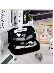 Large Capacity Pencil: Checkerboard Grid Design, Canvas Multi-Functional Pencil Bag - Black and White Plaid - View 4
