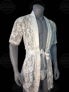 Men's Erotic Lingerie: Sexy Lace Rose-Print Men's Robe + String Thong + Sash, Sexy Sheer Loungewear - 白色 - 查看 6