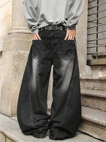 男士阔腿拼接喇叭牛仔裤，美式Y2K街头潮流时尚设计休闲百搭牛仔裤 - 黑色 - 查看 6