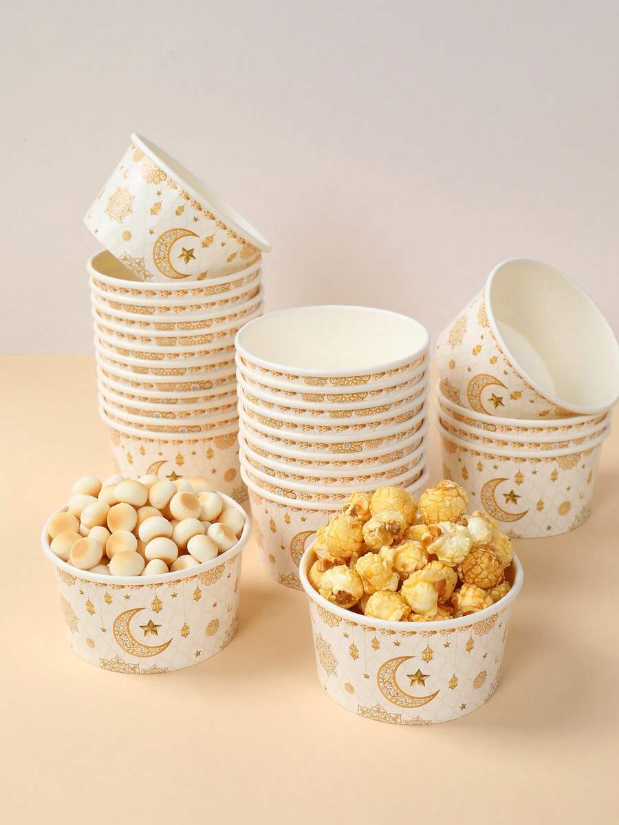 10个白色新月形纸碗（8盎司），一次性餐具纸质食品容器，适用于开斋节派对、斋月开斋节零食礼盒、爆米花桶、厨房用品、开斋节礼品包装盒、斋月装饰品、开斋节装饰品、斋月开斋节伊斯兰零食饼干礼品纸碗盒、开斋节斋月派对用品、开斋节礼物