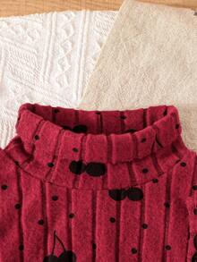 2pcs/Set Young Girls Baby Girl Fashion Elegant Ladylike New Arrival Hot-Selling Cherry Polka Dot Crew Neck Long Sleeve Cropped Top & Cami Dress Outfit Set