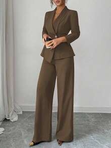 Women's Casual Elegant Solid Color Pocketless Green Collar Long-Sleeved Jacket Top And Simple Wide-Leg Pants Two-Piece Set - 棕色 - 查看 4