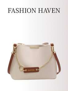 中等水桶包字母圖案鏈條裝飾時尚 - 米色 - 查看 3