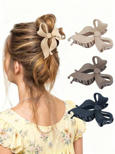 3pcs/Set Women's Large Bow Hair Clips, Elegant Neutral Matte Hair Clips, Suitable For Daily Hairstyles, Outdoor Commute, Party Outfits, Holiday Hair Accessories