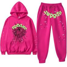 Fashion Spider Web Sweatshirt Set, Y2K Style, A Hooded Sweatshirt Set Suitable For Both Men And Women, For Casual Daily Wear - 紅色 - 查看 3