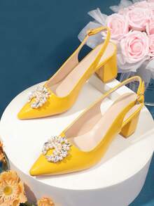 2025 Spring/Autumn New Pearl Buckle Decor Pointed Toe Mary Jane Flats For Women, Fashionable - Yellow - View 12
