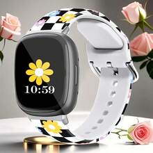 Compatible With Watch Band Fitbit Versa 3, Versa 4, Sense, Sense 2, Holiday Pattern Silicone Replacement Strap{Inchcolor_nameinch:InchBlackandWhiteCheckeredinch,Inchsize_nameinch:InchForVersa4/Versa3/Sense2/Senseinch} - BlackandWhiteCheckered - View 3
