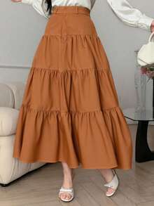 ZALLA Long Skirt With Lining, 3 Tiers, Ruffles And Elastic Back | Comfortable And Versatile - Marrón - Ver 3