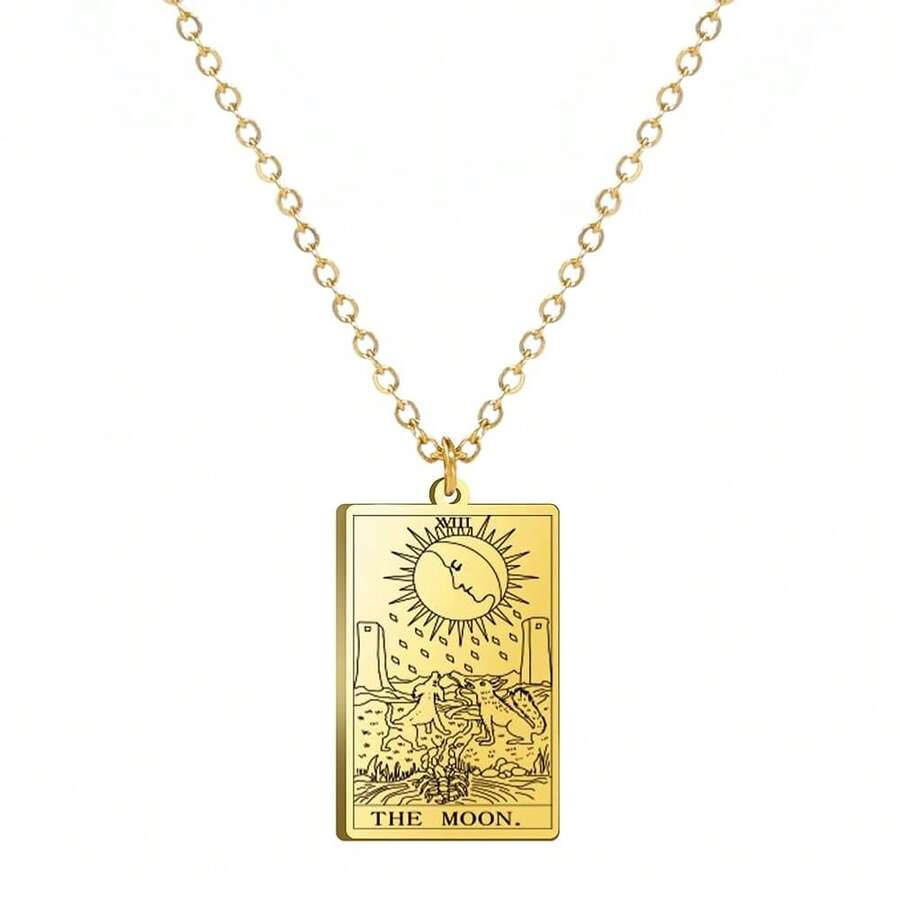 TEAMER Stainless Steel Tarot Cards Necklace Vintage Tarot Jewelry Good Luck Amulet Pendants For Women{Inchcolor_nameinch:InchGold-THEMOONinch} - 黃金-THEMOON - 查看 1