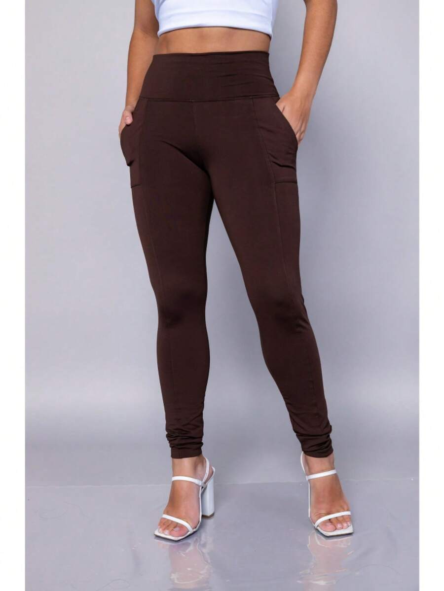 Women's Riding Leggings In Flannel-Lined Spandex With Pockets And High Waist - 鏽棕色 - 查看 1