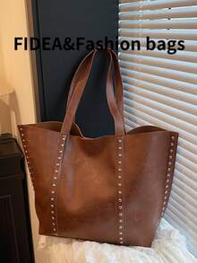 Bolso de hombro de gran capacidad de moda para mujer, bolso versátil de alta calidad con remaches de unicolor vintage elegante, adecuado para viajes, compras, ir al trabajo - Marrón - Ver 7