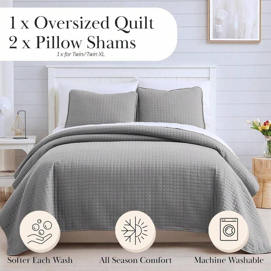 Full/Queen Quilt Bedding Set, Microfiber Quilts Queen Size, Coverlet, Stain & Pet Hair Resistant Bedding, Full Size Bedspread With 2 Pillow Shams, Bone, 2025 - 11 - 灰色 - 查看 1