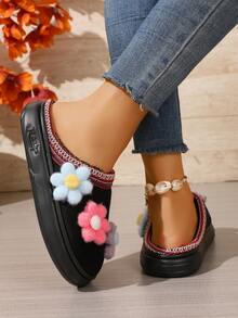 1 Pair Retro Fluffy Flower Mule Slippers, Floral Print Cute Fabric Applique House Slippers, Suitable For Autumn/Winter - Black - View 6
