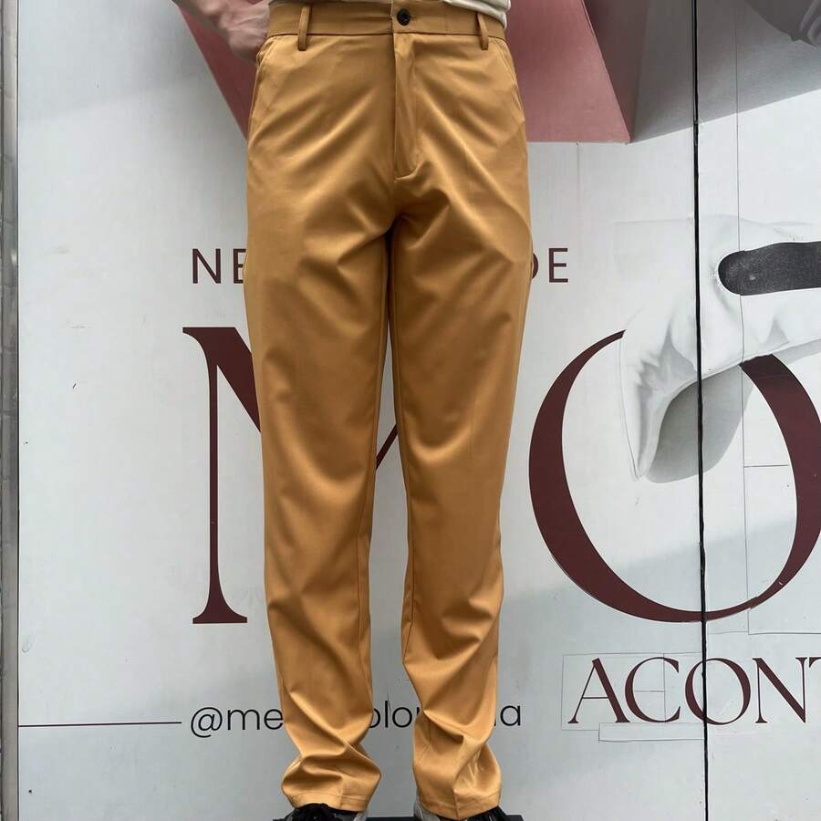 Men's Solid Color Business Suit Trousers With Elastane. - Caramel - View 1