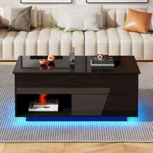 High-Gloss Lift-Top Tea Table, LED Coffee Table, Lounge Table, 100x50x55 Cm With LED Lighting, Hydraulic Lift And Multi-Level Storage Space, Black - Black - View 5