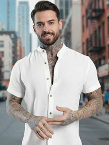 Men's Short Sleeve Shirt With Priest Collar – Premium Quality | Comfort And Style For Your Everyday Life - 白色 - 查看 1