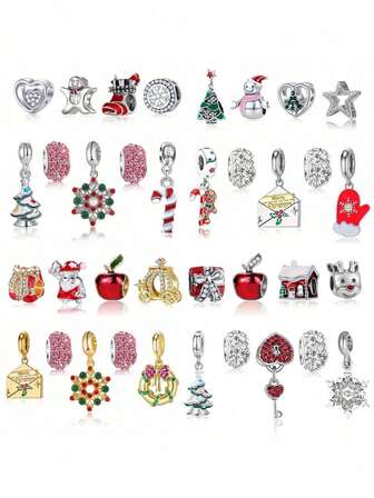 9pcs Christmas Set, European & American Fashionable, Multi-Style Set, Exquisite & Versatile, Red Series, Reindeer, House, Apple, Christmas Tree, Soft Clay Beaded Pendant, DIY Bracelet & Bangle Accessories