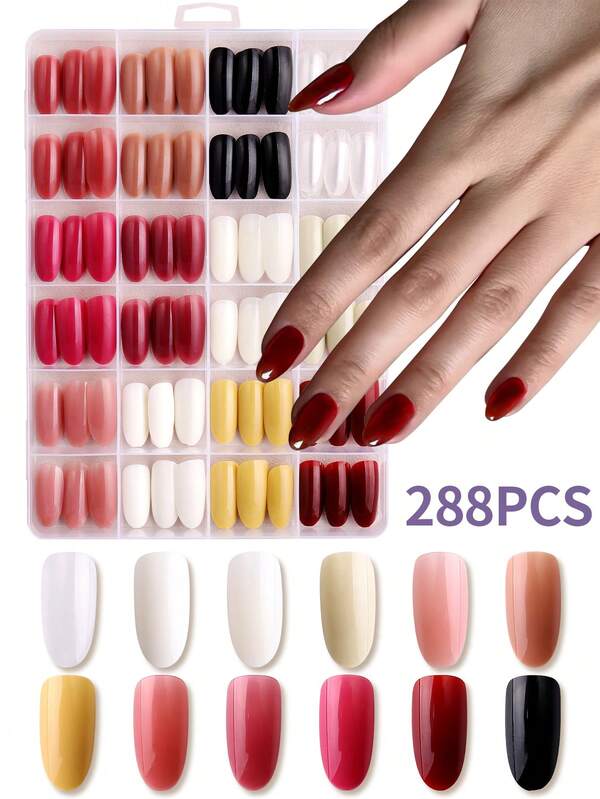 288Pcs (12mixed) Short Oval Acrylic Press On Nails Set, Manicure Glossy Full Cover Falke Nails, Natural Artificial Nail Tips For Women And Girls Daily Life And Party Use Nail Supplies Nails