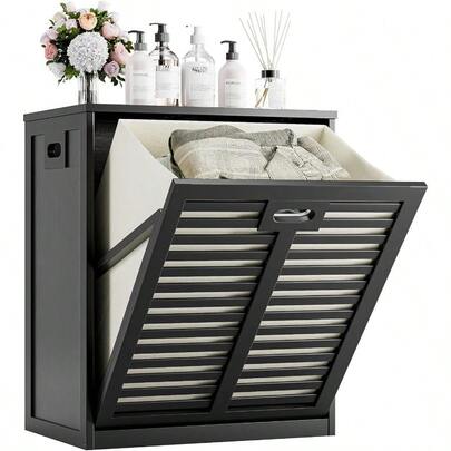 Tilt Out Laundry Hamper Bamboo Laundry Cabinet With Pull Out Removable Bag 16 Gallon Clothes Basket With Metal Handle For Bathroom Kitchen Black Practical And Stylish Storage Solution For Organizing Dirty Clothes In Home Laundry Areas