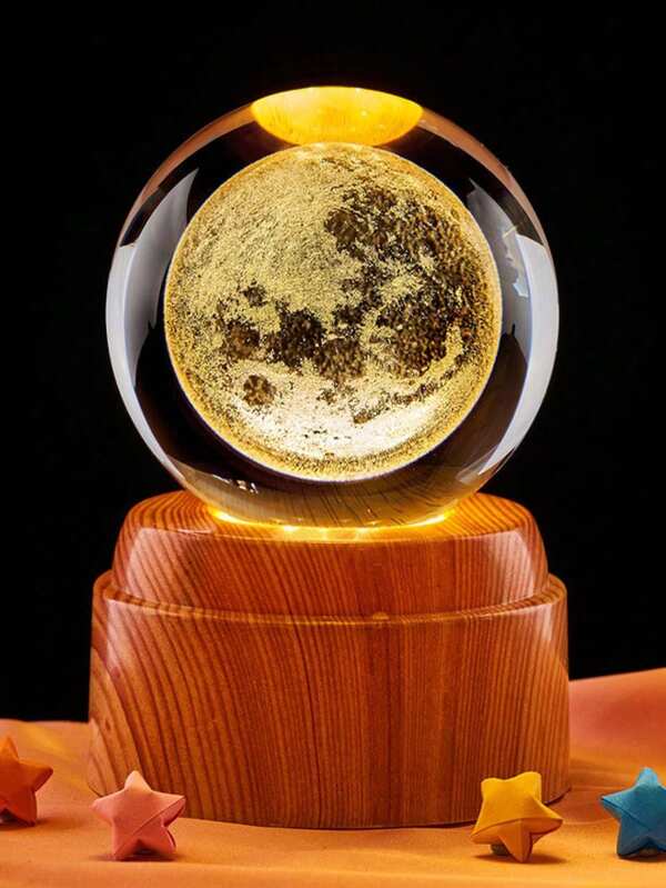 Esfera 3D Giratoria de 6CM Decorativa con Base de Madera Plástica y Luz LED Cálida