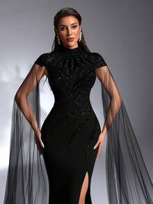 IBTRLY Elegant Luxury Fashion Black High Collar Sequin Beaded Applique High Slit To Thigh Formal Evening Party Wedding Guest Bachelorette Graduation Prom Gown, For Valentine's Day - Black - View 8