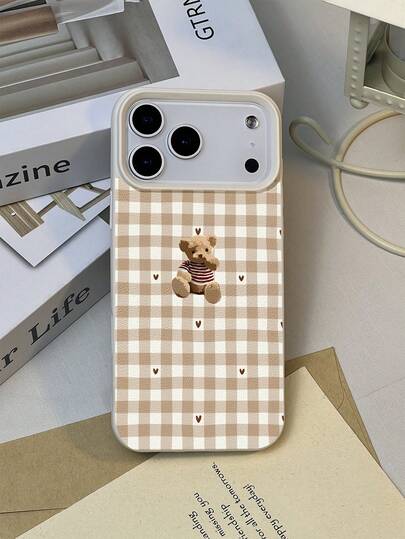 1 pieza Funda de teléfono suave, a prueba de agua y golpes, antideslizante, con textura, diseño minimalista de oso a cuadros y corazón, adecuada como regalo de cumpleaños/festividad para amigos, familia, parejas, compatible con Apple/teléfonos, versión internacional, no la versión nacional