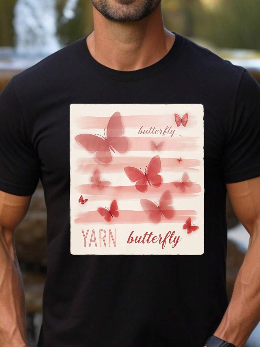 Herren-T-Shirt mit Rundhalsausschnitt, künstlerischer Grafikprint "Garn Butterfly", lässige Streetwear für Naturliebhaber und Fans des romantischen Stils. - Schwarz - Übersicht 1