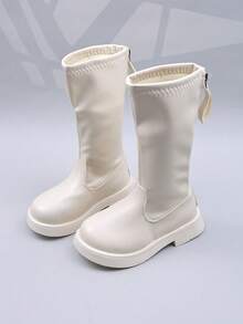 女童高筒靴，新款秋冬儿童高筒靴，简约中筒大童靴，女童厚底学生真皮长筒中筒靴 - 米色 - 查看 2