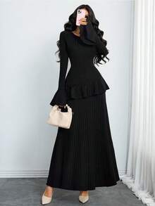 女士性感、优雅、复古、现代花瓣袖连衣裙，不对称弹力丝绒面料，A字裙摆，适合通勤或假日派对穿着，黑色 - 黑色 - 查看 1