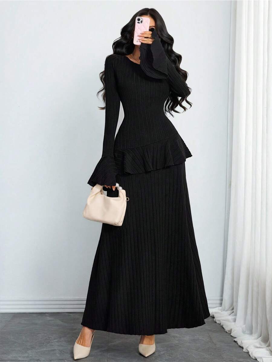 女士性感、优雅、复古、现代花瓣袖连衣裙，不对称弹力丝绒面料，A字裙摆，适合通勤或假日派对穿着，黑色 - 黑色 - 查看 1