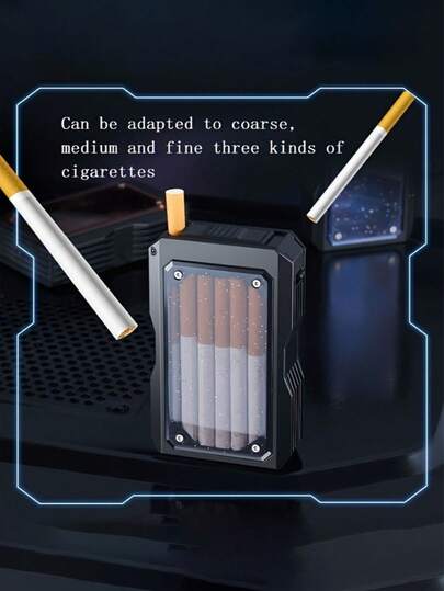 多尺寸香烟盒：时尚黑色设计，兼容粗、中、细三种规格香烟，透明窗口方便查看。是寻求实用时尚收纳方案的吸烟者的理想之选，让香烟井然有序，方便取用。