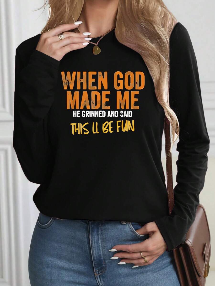 2025 LC [New Style Recommendation] Creative Letter Pattern Religious Belief Fun Printed-Shirt, Women's Casual, Vacation, Long Sleeve Round Neck, Spring Summer, Machine Washable, New Women's Fashion, Street Versatile, Slimming, Sports Casual Daily Wear - 黑色 - 查看 1