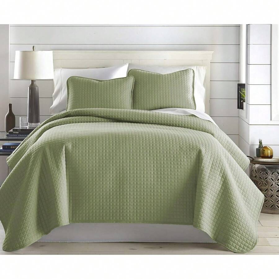 Full/Queen Quilt Bedding Set, Microfiber Quilts Queen Size, Coverlet, Stain & Pet Hair Resistant Bedding, Full Size Bedspread With 2 Pillow Shams, Bone, 2025 - 19 - 鼠尾草綠 - 查看 1
