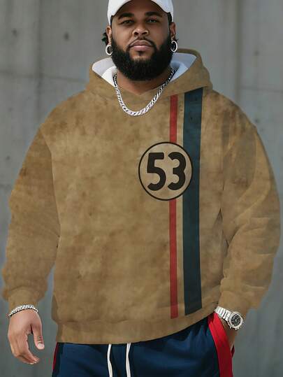 Vintage brun "53" tryck plus size herr racing hoodie, sliten färg racing randigt tryck plus size sport pullover lämplig för utomhus och träning, vår/höst