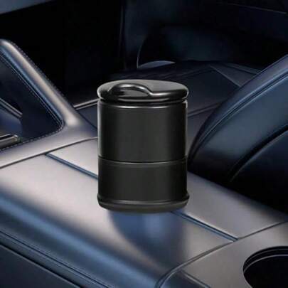 2件套汽车可拆卸中央控制烟灰缸，普通汽车烟灰缸，圆形塑料烟灰缸，单手开启储物垃圾桶，便携式两用汽车和家居配件（黑色），适用于汽车、返校用品，轻便易携。