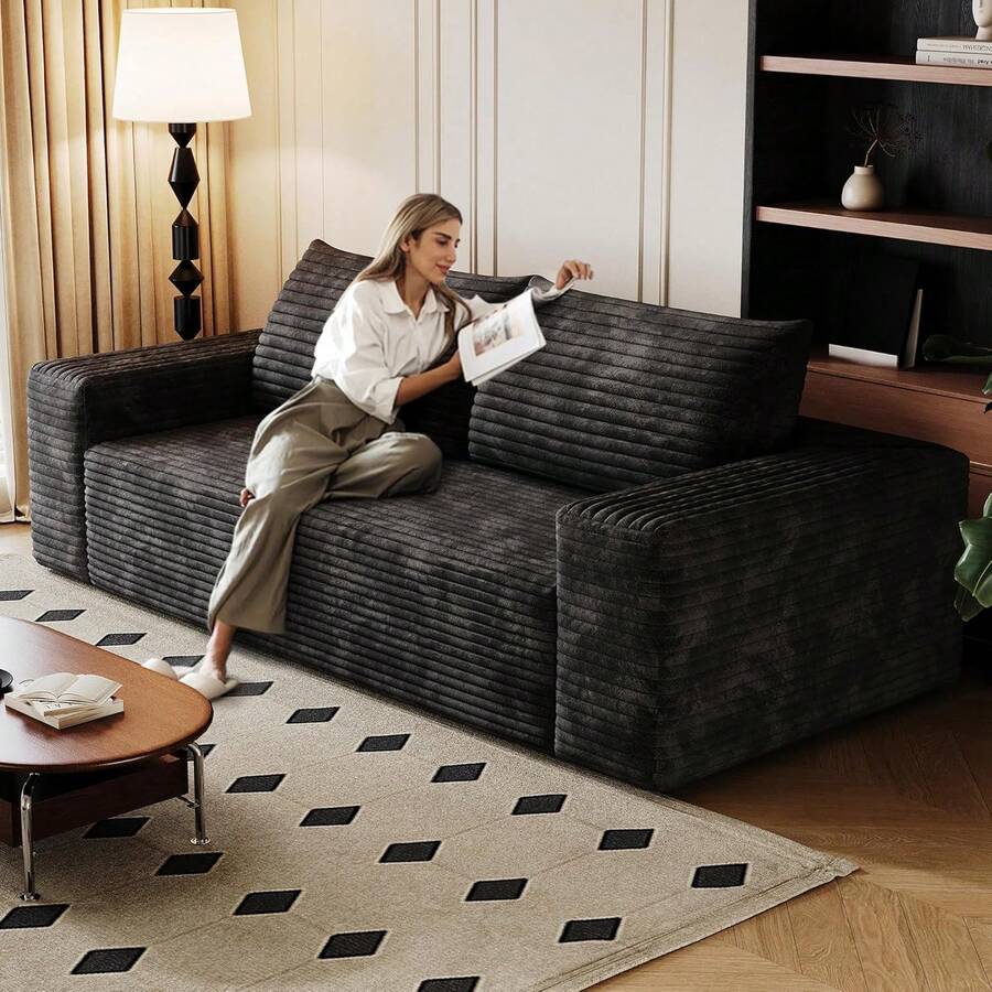 71" Corduroy Boneless Couch, 2-Seater Compression Sofa With 2 Throw Pillows, No Assembly Required, Comfy Loveseat Sofa In A Box, Deep Seat, Modern Couches For Living Room (Green, 71 Inch) - màu đen - Xem 1