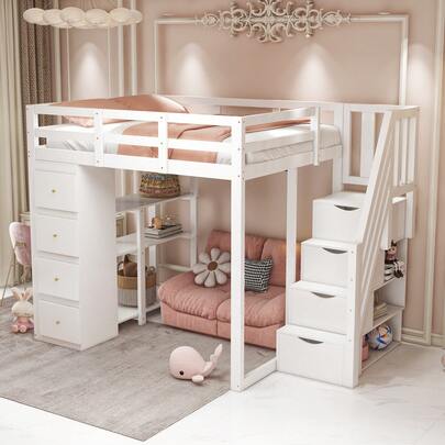 Loft Bed 140 X 200 Cm With Storage Drawer, Chest Of Drawers With Shelves, Safety Ladder With Storage Drawers, Multifunctional Bed In Solid Wood, White. Previous Reference:…