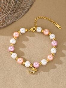 MONALLY 18K 镀金不锈钢首饰 1 件奢华优雅仿珍珠金球心形吊坠链手链 适合女性 教师母亲节礼物 适合日常通勤 情人节、妈妈、母亲、母亲节、礼物 - 珍珠手鍊 - 查看 11