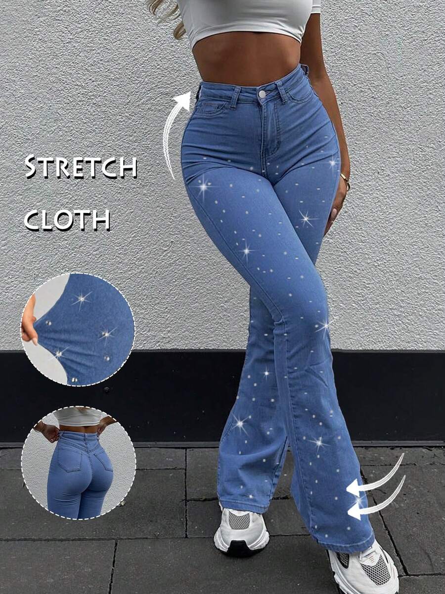 GILIPUR New Rhinestone Decoration Y2K Bootcut Women Jeans Blue High Slim Fit Waist Stretch Casual Elegant Vintage Simple Streetwear 2000s Style Fall And Winter Clothes Outfits Old Money Vintage Clothes Going Out Perect For New Year Winter And Thanksgiving - 藍色 - 查看 1