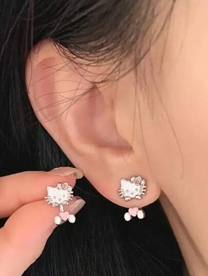 Sanrio Hello Kitty Women's Earrings - Cute Alloy Stud Earrings With Pink Bow Accents, Lightweight And Durable, Suitable For Parties, Gifts, And Casual Wear Valentine's Day Accessories